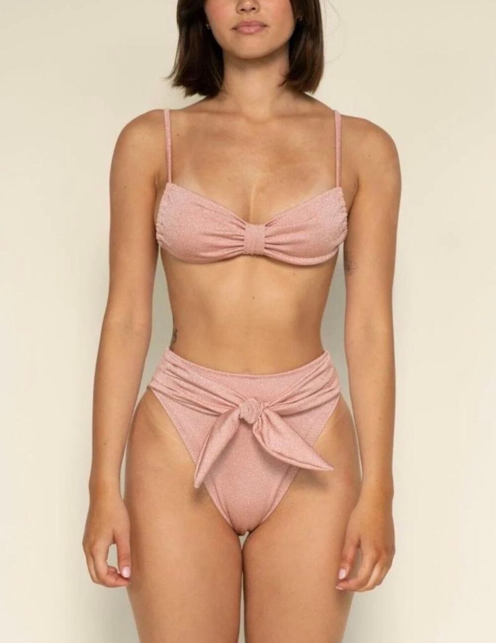 Montce Prima Pink Sparkle Devin Paula Bikini Set Top L Bottom XL NWT